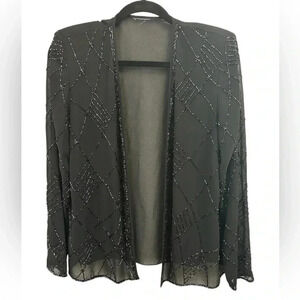 Sheer Black Cardigan Beaded Detail Shoulder Pads Formal Cocktail Med / Large